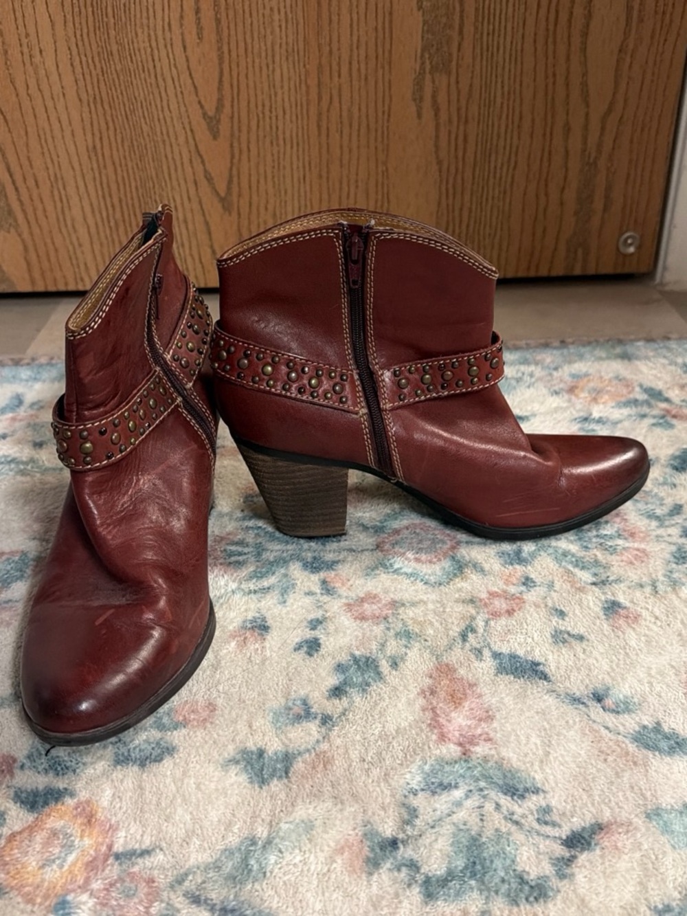 Sofft Burgundy Leather Studded Ankle Booties